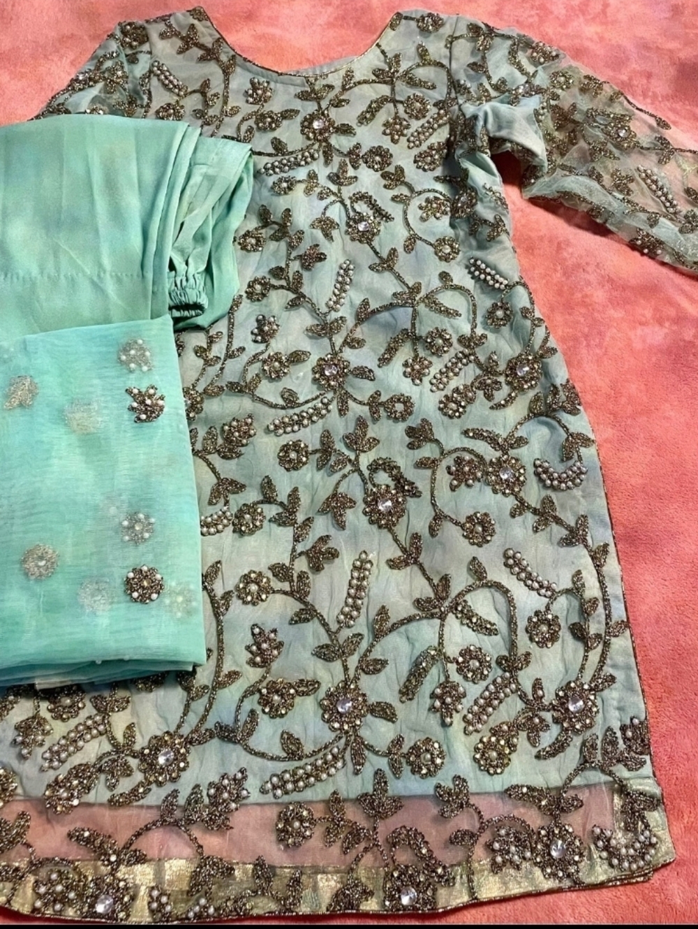 Seafoam Green Pearl And Embroidered Salwar Kameez